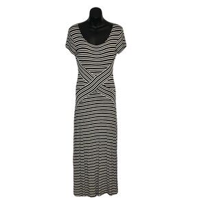 Chic Black and White Striped Form Fitting Maxi Dress with Side Slit